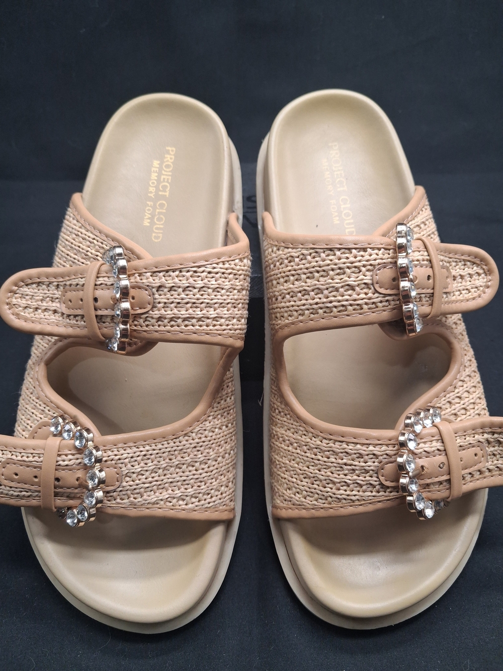 Project Cloud Beige Woven Slide Sandals with Decorative Crystal Buckles